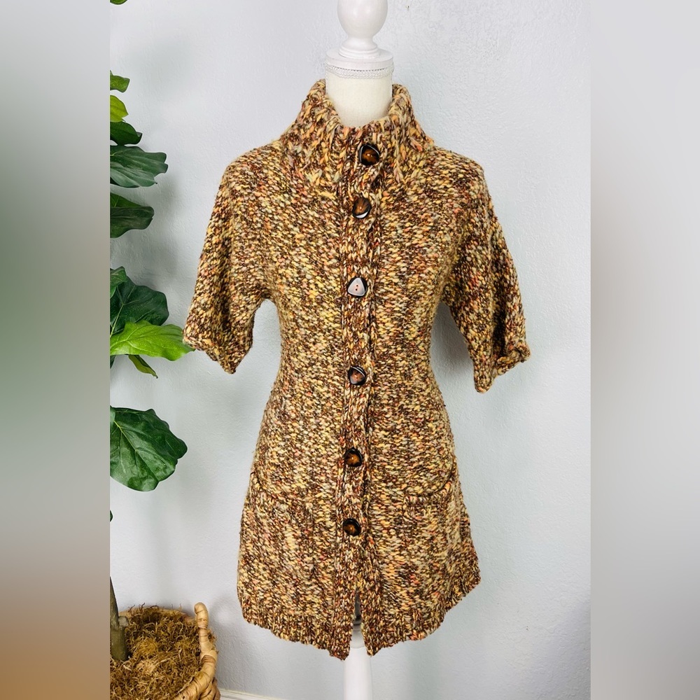 Anthropologie Tabitha Y2K Long Brown Short Sleeve Chunky Knit Sweater